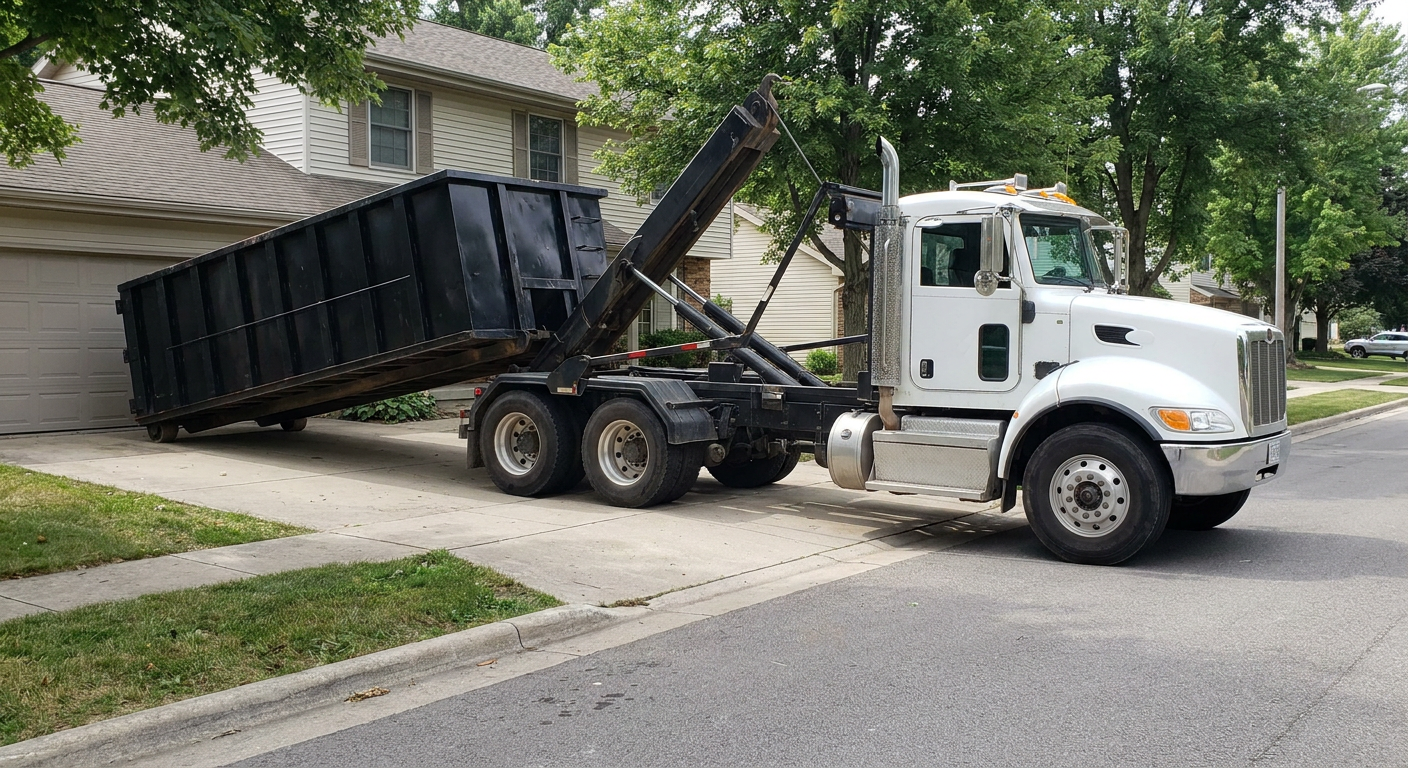 White-cab hooklift roll-off truck actively lowering a matte-black dumpster onto a Toledo residential concrete driveway, the dumpster's rear wheels touching the driveway as the hoist arm tilts the bed forward, mid-morning daylight.