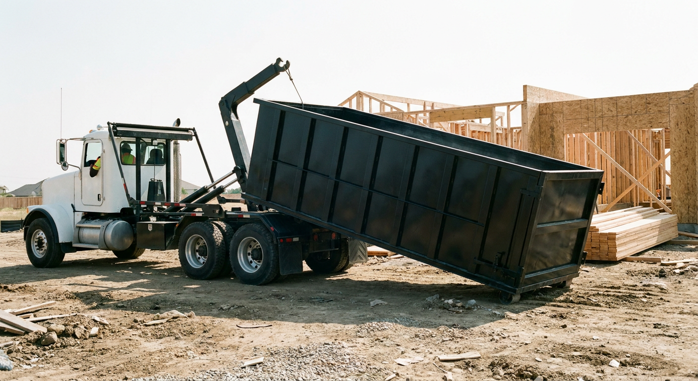 Matte-black roll-off dumpster being delivered onto a clean residential concrete driveway in Toledo by an unmarked white hooklift hauler truck, bright morning daylight, documentary 35mm perspective.
